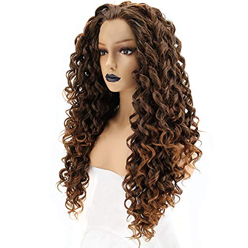 Anogol Hair Cap+Mixed Brown Curly Wig Long Deep Curly NO Lace Front Wig Natural Hairline Spiral Curls Wigs for Women Hair