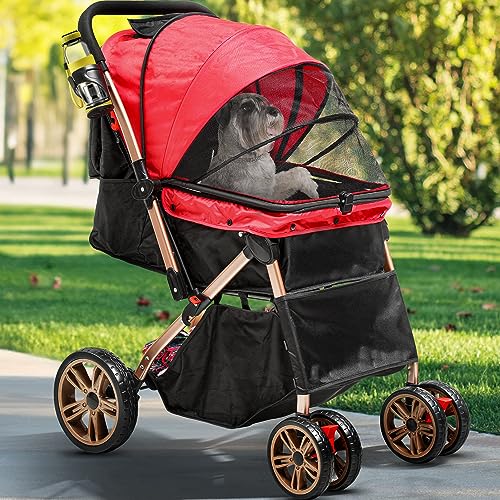 Yitahome Dog Stroller For Medium Small Dogs, Upgraded Version With Larger Room, Foldable Pet Stroller With 360° Rotation Wheel, Cat Kitty Puppy Stroller With Storage Basket (Red) #TOP19