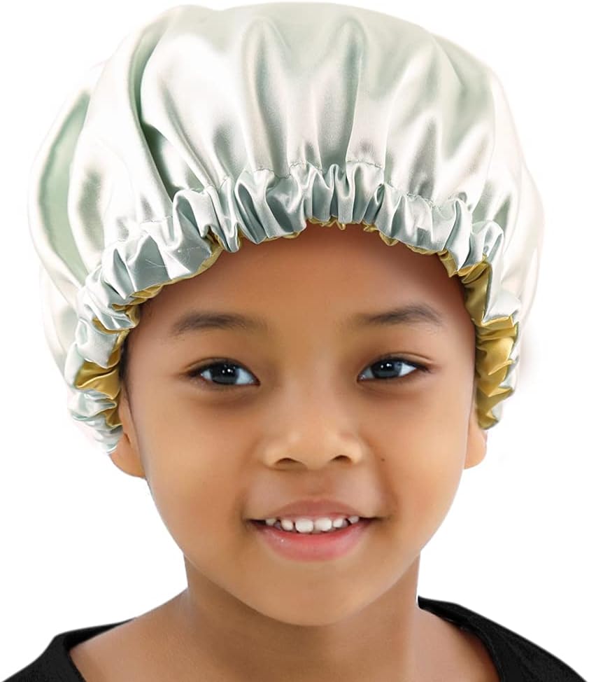 Kids Satin Bonnet Sleeping Cap for Natural Hair Teens Toddler Child Baby Adjustable Satin Cap for Night Sleeping Reversible Double Sky Blue/Yellow