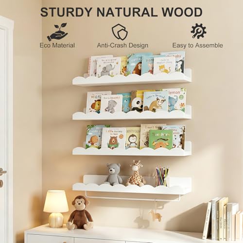 Fixwal Nursery Shelves, 24 Inch Floating Bookshelves for Wall Set of 4, Scalloped Wall Book Shelves with Towel Rack for Kids, Toddler Room, Baby Room, Nursery Decor and Storage(White) by Fixwal - Image 3