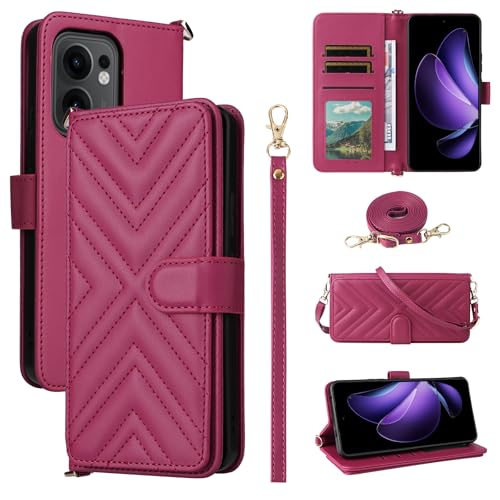 Coque Oppo Reno13 FS 5G étui portefeuille cuir antichoc avec béquille de support rose rouge