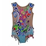 LIUHUO Prestazione ritmica della concorrenza della ragazza dei body di ginnastica di stampa variopinta della meteora, Blu, 110 cm