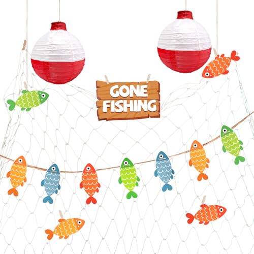 Fishing Birthday Party Decorations Gone Fishing Party Decorations Fish Banner Fishing Bobber Lantern Cotton Fish Net Decorations Fishing Theme Birthday Baby Shower Party Supplies