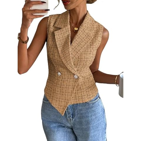 Mina Self 2025 Womens Summer Tweed Plaid Vest Tops Sleeveless Lightweight Crop Double Breasted Work Jacket Cover