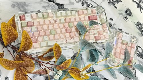 Image of Peach Blossom Keycaps Side Print Custom Cherry Profile PBT Shine Through Keycaps Pink Green 128 Keys for Mechanical Keyboards 60% 65% 75% Backlit Key Caps