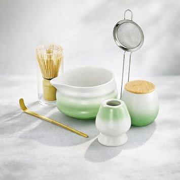 Matcha Whisk Set with Tea Caddy, Green 8 Pcs Matcha Kit Includes Bowl with Spout, Whisk & Holder, Ceramic Tea Caddy, Bamboo Scoop & Rest, Sifter, Tea Towel, Gift for Tea Lovers
