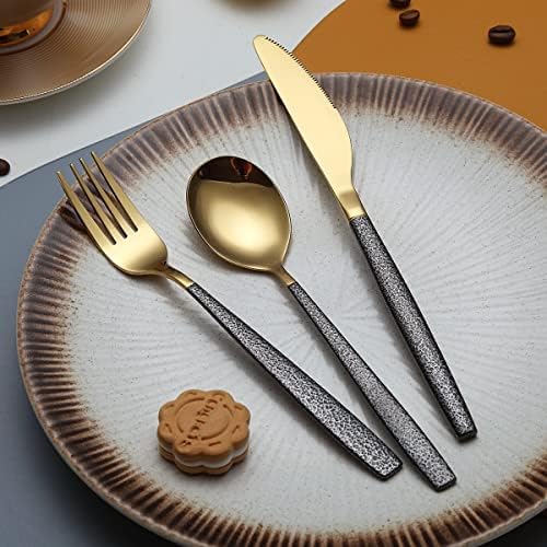 Kyraton Cutlery Set 16 Pieces with Moon Surface Black Handle and Shiny Gold Mouth Titanium Coating Stainless Steel Modern Cutlery Set Utensils Set Service for 4