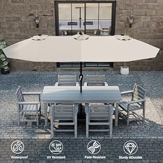 Kingdura 15ft Large Patio Umbrella with Solar Lights, Double-Sided Rectangle Lighted Outdoor Table Umbrella with Base Included, 12 Reinforced Ribs, 48 Led Lights, Crank Lift for Market Pool Deck Backyard, Beige
