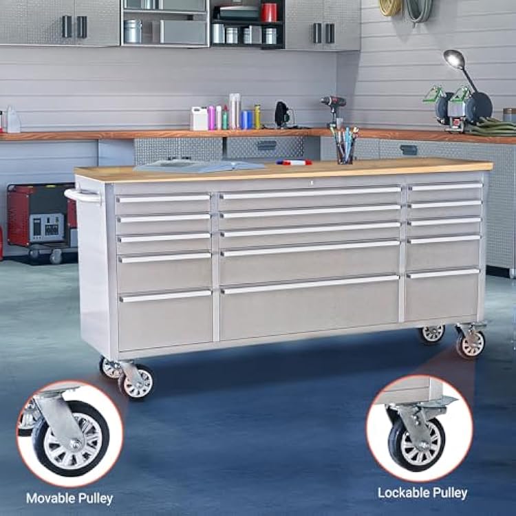 Solid Wood Top Workbench,72 Inch Rolling Tool Chest,Stainless Steel Tool Cabinet with 15 Drawers & Solid Wood Top,Mobile Workbench with Locking Wheels & Power Outlets for Garage Workshop
