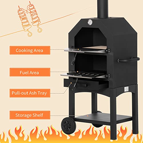Outsunny Outdoor Garden Pizza Oven Charcoal BBQ Grill 3-Tier Freestanding w/Chimney, Mesh Shelf, Thermometer Handles, Wheels Garden Party Gathering Stainless Steel Cooker - Image 6