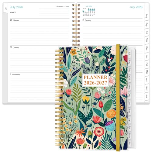 2026-2027 Planner - Planner 2026-2027 from July 2026 - June 2027, Weekly & Monthly Planner Spiral Bound with 12 Monthly Tabs, Inner Pocket, 6.4" x 8.5", Flower-E