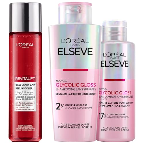 L’ORÉAL PARIS - Routine Soin Visage et Soin Capillaire - Acide Glycolique - Shampooing + Soin Lamination + Peeling Lissant et Exfoliant - Elseve Glycolic Gloss - L'Oréal Paris Revitalift