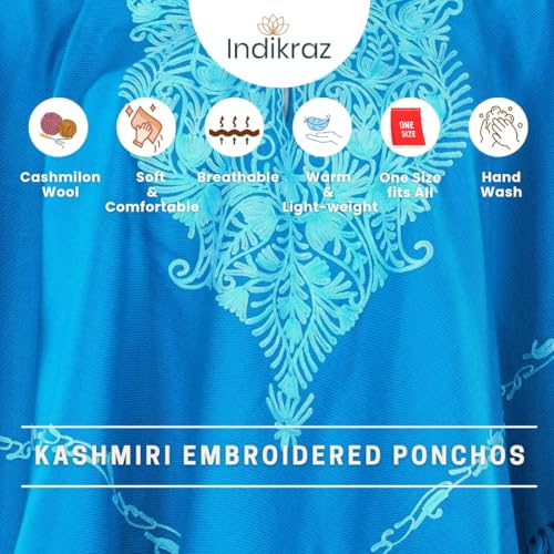 Image of Premium Women's Kashmiri hand embroidery floral woollen poncho Indian cape wrap shrug Free size