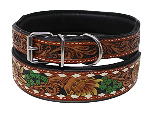 CHALLENGER Medium 17 - 21 Padded Leather Floral Cactus Tooled Dog Collar 60FK36