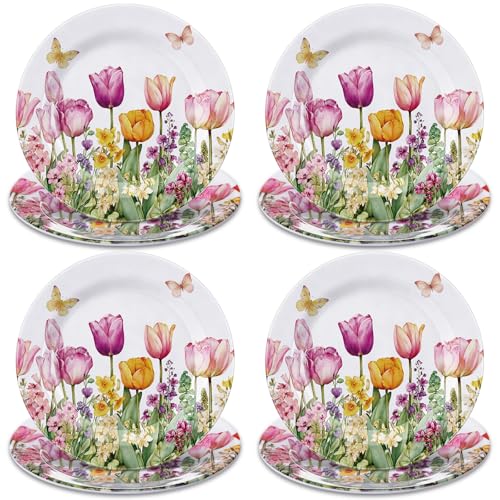 Qinyoung 8 Pcs Tulip Dessert Plates 8" Melamine Flower Dinner Plates Plastic Vintage Floral Dishes Spring Easter Dinnerware for Garden Floral Tea Party Birthday Party Summer Holiday