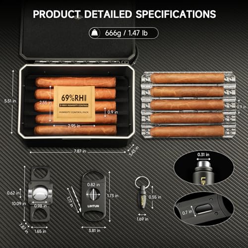 Travel Humidor Box and Cigar Accessories Set, Portable Cigar Humidor Case with 2 Cigar Cutters, 1 Cigar Punch, Hygrometer, Triple Humidor Cigar Box Gift for Men - Image 4
