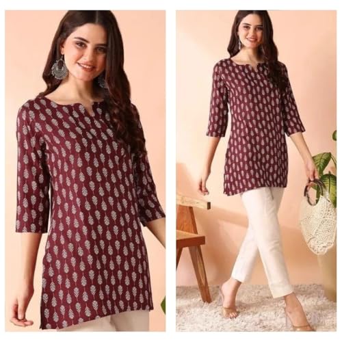 Image of MS VHCK ENTERPRISE Women's Short Kurti in Multicolor Rayon Cotton Blend | Ladies Ethnic Tunic | Office