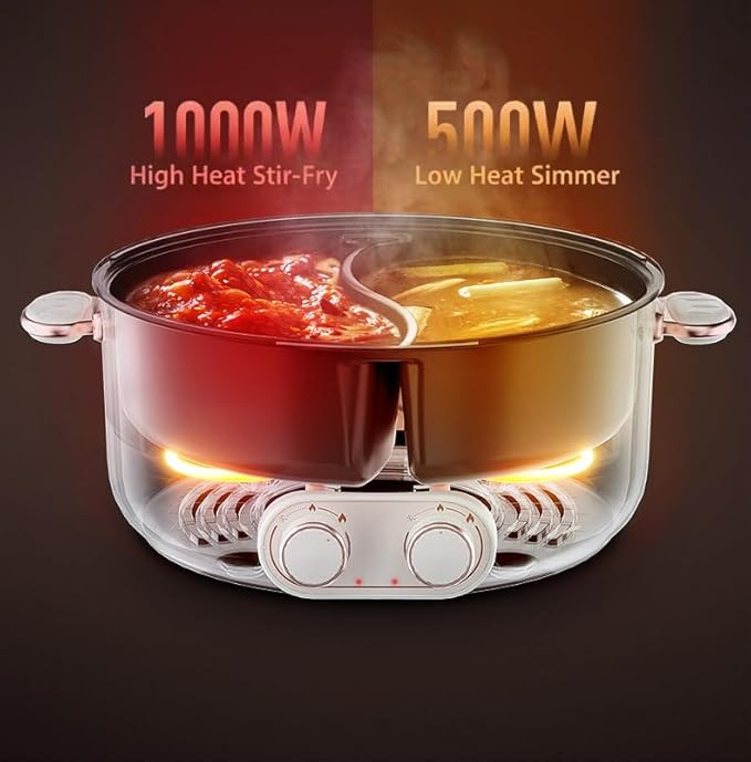 Olla Eléctrica de Doble Compartimento, Antiadherente, Control de Temperatura Dual, 1000W miniatura 7