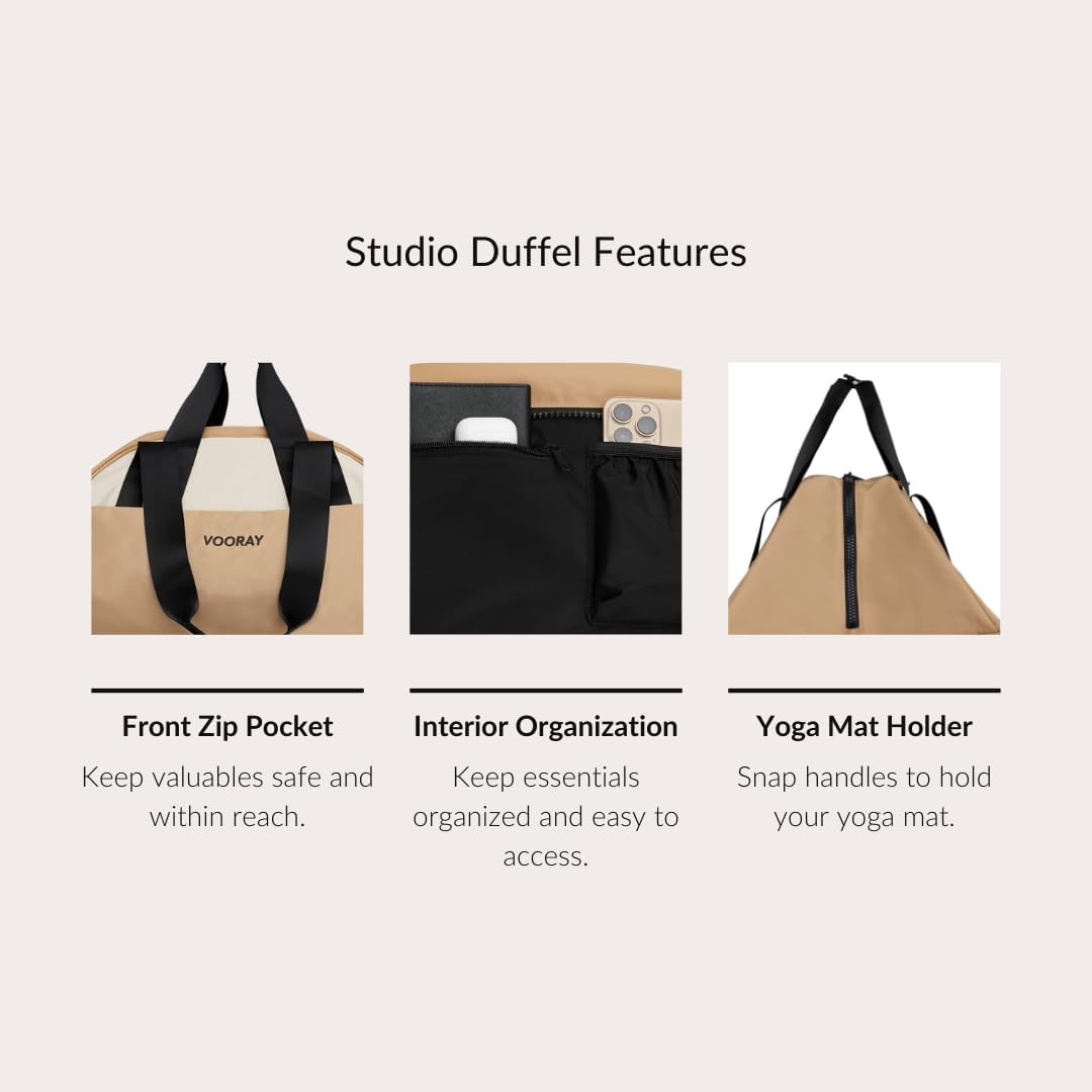 Vooray Studio Duffel Yoga Mat Bag and Gym Tote - features Yoga Mat Strap Handles with Snaps, Front Zipper Pocket, Shoulder Straps and Luggage Sleeve - 25L Capacity - Camel