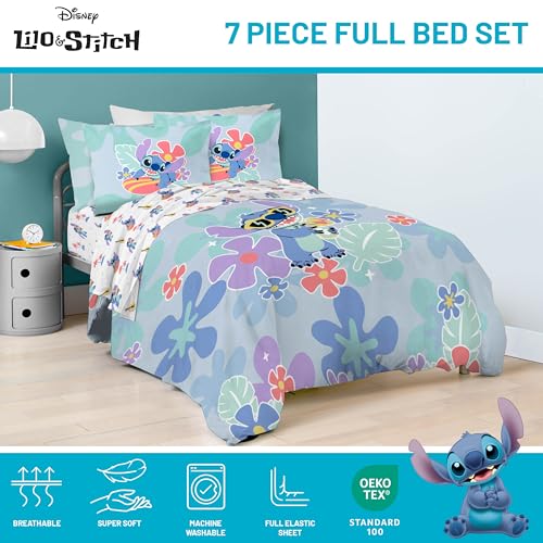 Image of Disney Lilo and Stitch Full Size Comforter Set 7 Piece Kids Bedding, Multi | Bed in a Bag, Comforter Sheets Shams Pillowcases, Official Product, Soft Microfiber, Machine Washable, Girls Gift