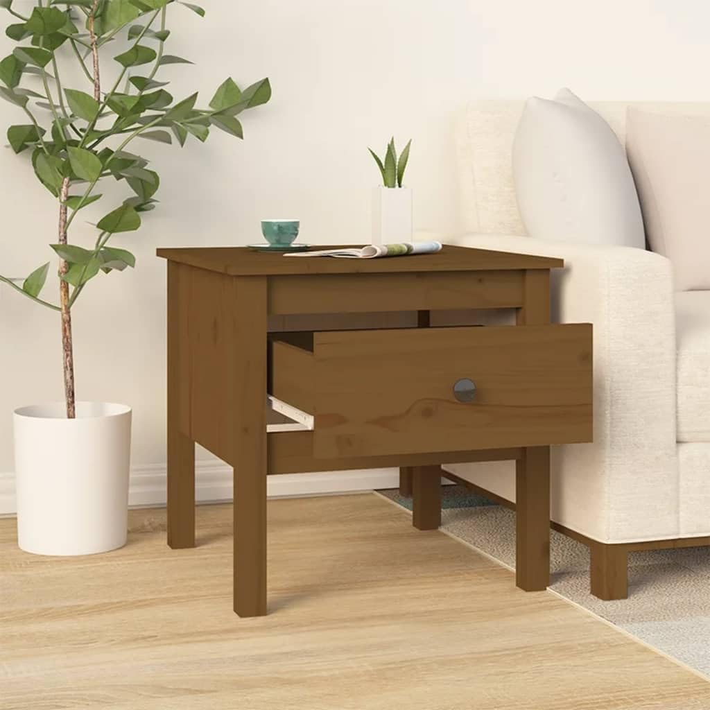 Mesa auxiliar marrón miel 50 x 50 x 49 cm, armario auxiliar de madera maciza de pino, mesa de centro rústica con cajón, mesita de noche cuadrada para salón y dormitorio