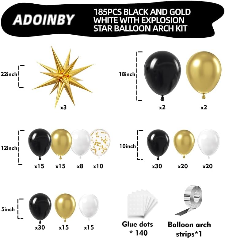 Miniatura 2 de Kit de arco de guirnalda de globos negros y dorados, 185 globos de látex con confeti de estrella en explosión negro blanco y dorado metálico para