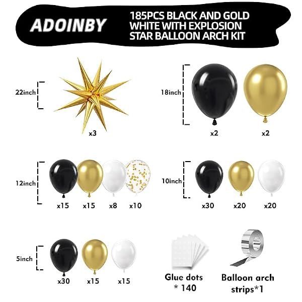 ADOINBY Black and Gold Balloon Garland Arch Kit, 185Pcs Explosion Star Black White Metallic Gold Confetti Latex Balloons for Birthday Anniversary Wedding Engagements Baby Shower Party Decorations by ADOINBY - Used condition - Image 2