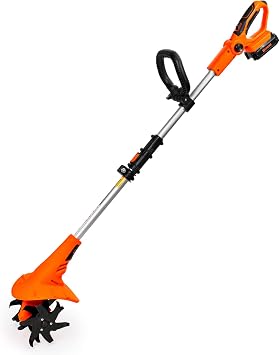 Ukoke Cordless Tiller Cultivator 20V 2.5 A Battery 280 max RPM Powered Tiller Cultivator, w/24 Steel Blade Cultivate Max Tilling 5 deep Path by 7.8 Wide, Orange, ST1902