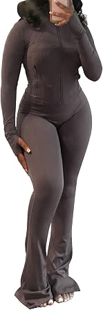 Workout Sets Women 2 Piece Outfits Bodycon Zip Up Cropped Jacket and High Waist Flared Leggings Sets Tracksuit, Grey, M