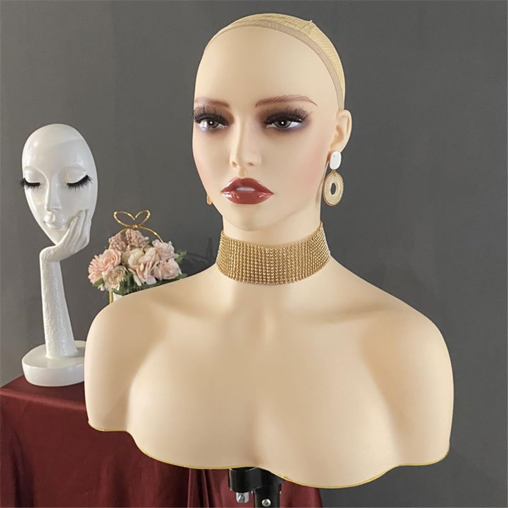 Realistic Female Wig Mannequin Head With Shoulders, Half Body Shoulders Female Head Model Wig Display, Photo Model, PVC Simulation Prop