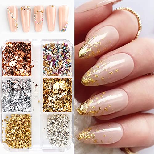 Mlovew Holographic Nail Foil Glitter,6 In 1 Grid Pack Gold Glitter Fake Nails Crushed Gold Silver Gold Foil Wire Shredded Paper,Holographic Glitter Irregular False Nail Glitter Powder Craft Sequins #TOP2