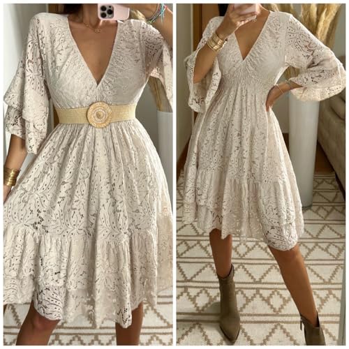 Robe trapèze blanche en dentelle fluide col V confortable - 2