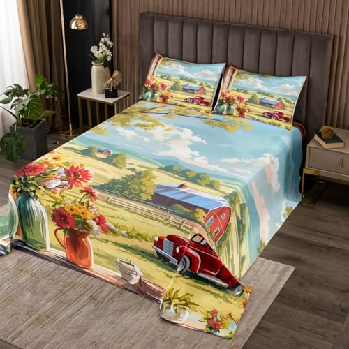 Manfei Rustic Farmhouse Style Bedspread Queen Size,Red Truck Barn Bedding Set for Teens Room Decor,Blooming Flowers Comforter Set Green Blue Red Quilt Coverlet,2 Pillowcase