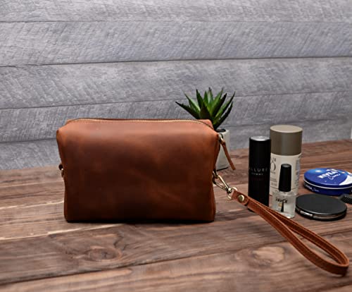 Aartedesign Handmade Genuine Leather Toiletry Bag Makeup Cosmetic Bag Storage Bags Purse Shaving Bag Mens Beauty Bag Wedding Gift Makeup Cosmetic Bags Travel Organizer (Light Brown) #TOP2