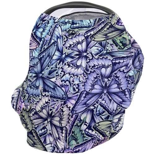 Nursing Cover for Breastfeeding Scarf, Purple Butterfly Abstract Geometric Baby Car Covers Super Soft Multi Use for Canopy Shopping Cart Cover Blanket Stroller Cover