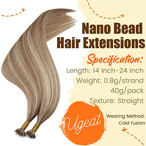 Ugeat Highlight Nano Bead Hair Extensions Human Hair Golden Blonde Nano Hair Extensions Human Hair Highlight Bleach Blonde Short Length 14 Inch 50G 50S #10/613 - Image 2
