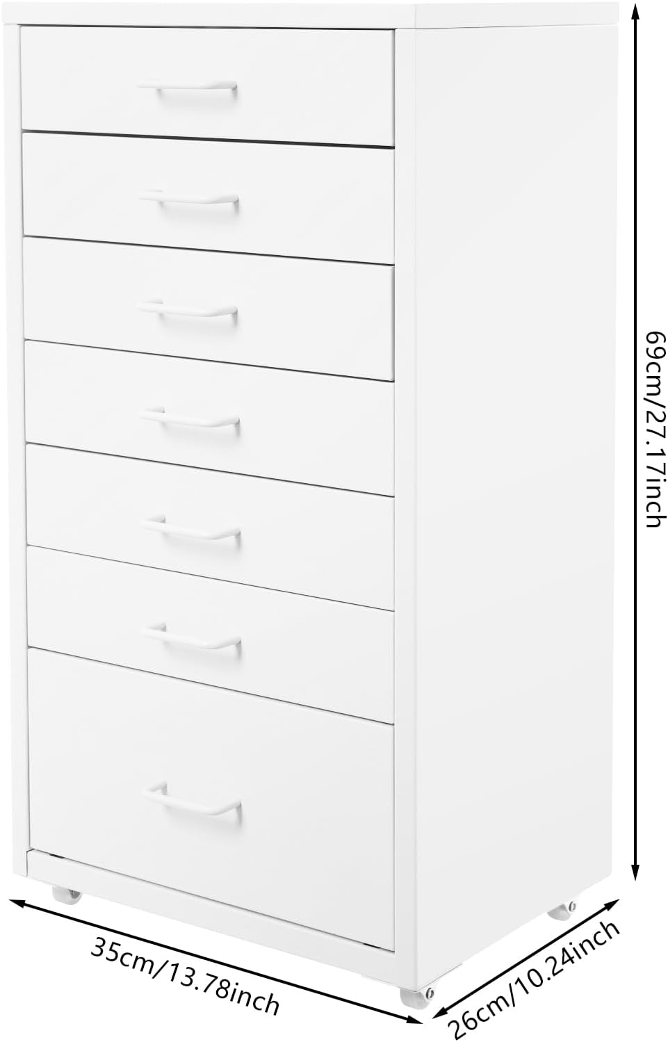 7 Drawer Mobile File Cabinet, Under Desk Storage Organization with 4 Wheels & 7 Drawers, Mobile Vertical Filing Chest Metal Printer Stand for Home Office (White)
