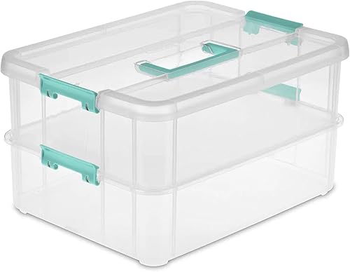 Miniatura 3 de Sterilite Stack and Carry - Caja de mango de 2 capas, contenedor de almacenamiento pequeño de plástico apilable con tapa de pestillo, contenedor
