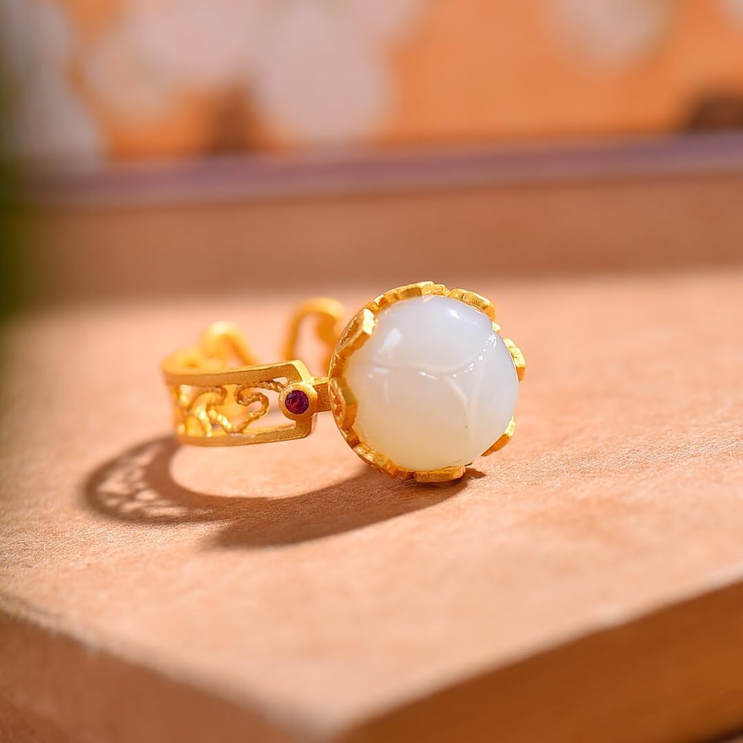 S925 Silver Inlaid Natural White Jade Lotus Flower Ring Adjustable Opening Including Certificate