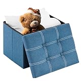 YOUDENOVA Puff Almacenaje Cuadrado con Tapa Plegable, Taburete con Espacio de Almacenamiento Imitación Lino, Baúl Almacenaje para Dormitorio, Caja de Almacenamiento 43x33x33cm Azul