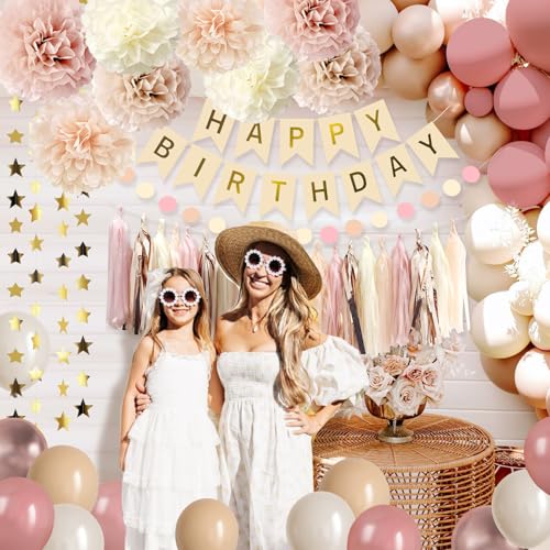 Iysoll Blush Beige Birthday Party Decorations Boho Happy Birthday Decorations Banner Retro Pink Nude Ivory Balloon Paper Pom Poms Tassel Garland Décor Supplies for Girls Women by Iysoll - Image 5