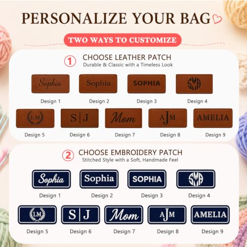 Image of Personalized Crochet Bag with Custom Leather Patch or Embroidered Name, Canvas Knitting Tote for Yarn Storage, Crochet Organizer with Multiple Pockets, Custom Gift for Crocheters & Knitters