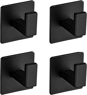Bath Towel Hook,4 Pack Self Adhesive Square Coat Hooks, Sturdy No Drilling Robe Hook, Stainless Steel Heavy Duty Clothes Hanger, Wall Hooks for Bathroom Bedroom Kitchen (2 Inch,Black)
