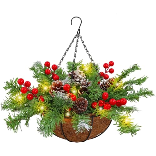 Panier suspendu Noël extérieur lumineux avec pommes de pin et baies artificielles - 4