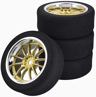 Shaluoman 4Pcs 1/10 On-Road Foam Tires& 9003 Wheel Rims 12mm Hex for HSP HPI RC Racing Car Toy, Gold