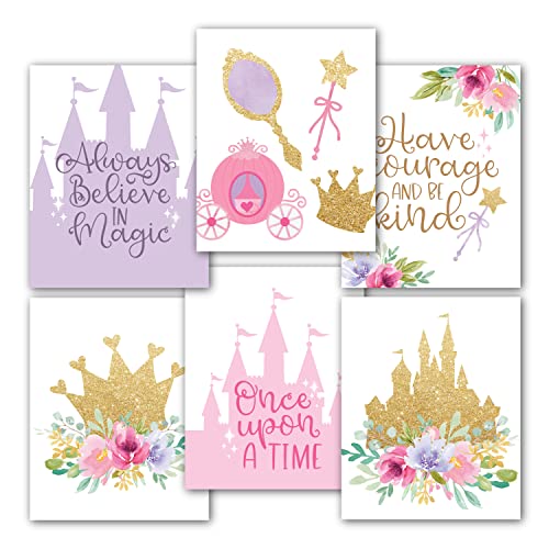 6 Reversible 8x10 Princess Wall Decor Prints, Pink and Gold Princess Party Decorations for Wall Art, Pink and Gold Princess Decor for Girls Room Wall Decor for Girls Bedroom, Princess Party Supplies
