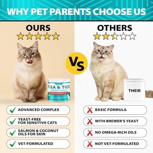 Flea and Tick Prevention for Cats - No Chemicals - Natural Answer to Collars, Drops, Sprays, Shampoo - Flea and Tick Supplement for Cats, Kittens - Oral Chewables with Coconut, Salmon Oil - 500 Treats - 3
