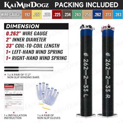 KaiMinDogz Pair of 2" Garage Door Torsion Springs Set with Non-Slip Winding Bar & Gloves,High Precision Electrophoresis Black Coated, for Replacement & Installation, MIN 16,000 Cycles (0.262x2''x33'') by KaiMinDogz - Used condition - Image 2