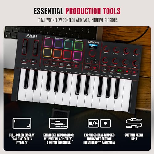 Akai Professional MPK Mini IV USB-C MIDI Keyboard Controller for Beginners and Producers - MPC Drum Pads, 360° Knobs, Pitch & Mod Wheels, Lessons and Music Production Software with 1000+ Sounds, Black