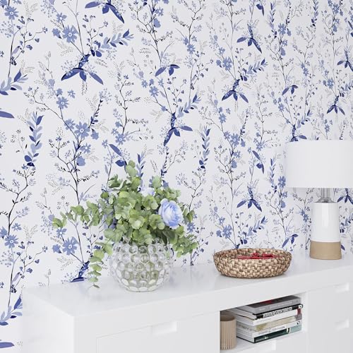 Papier peint fleuri bleu blanc VEELIKE style vintage - 6
